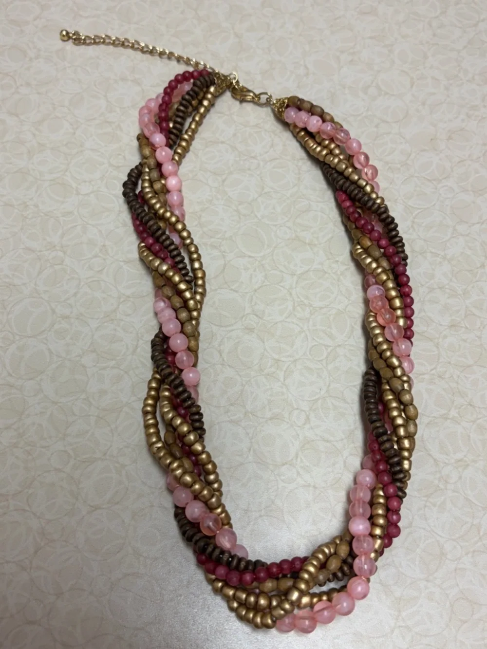 Gold and Pink Multi-Strand Twisted Beaded Necklace - Women Jewelry. No Brand.